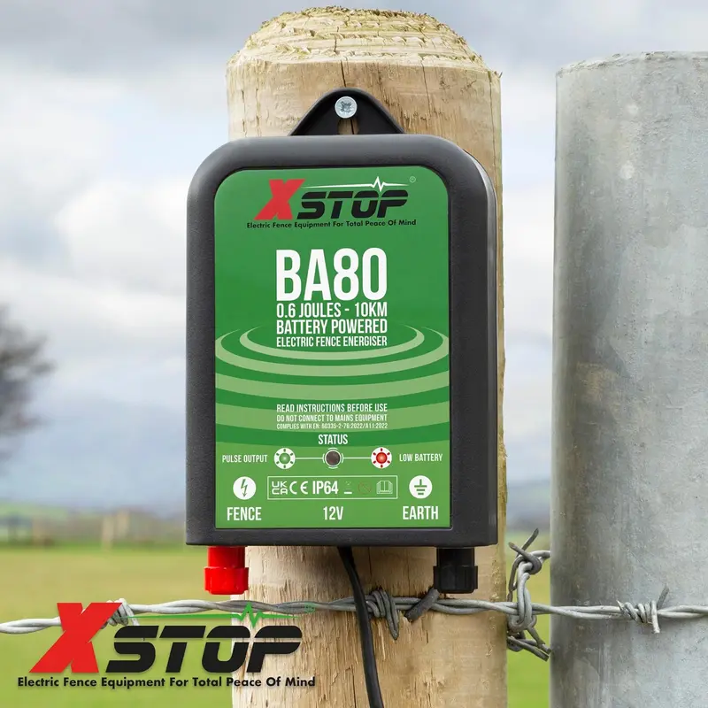 12 Volt Battery Powered Electric Fence Energiser XSTOP BA80 10Km Range, 0.6 Joule Output, Weatherproof Kit Includes Leads and Earth Stake. For Horses and Other Animals 4