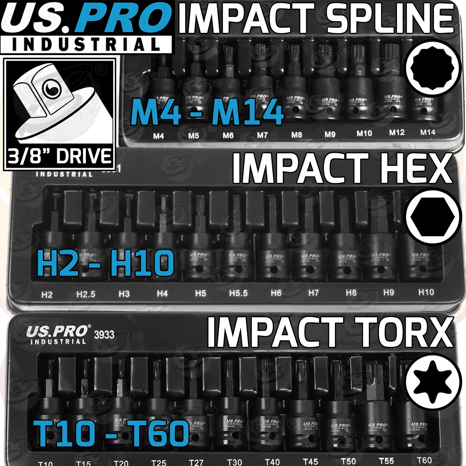 US PRO IMPACT Hex Torx Spline Bit Sockets 3/8" Drive Short Reach Allen Star HX