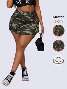 Women's Camo Print Denim Skirt, Fashion Casual Multi-pocket Cargo Skirt for Daily Outdoor Wear, Ladies Bottoms for Summer, Stretch Skirt