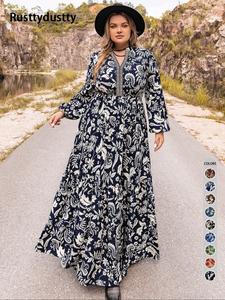 Plus Size Paisley Print Notched Neck Bishop Sleeve A Line Dress, Boho Long Sleeve Long Dress, Summer Outfits 2024, Women Plus Size Clothing