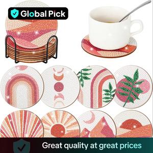Pastel Color Landscape Pattern DIY Diamond Arts Colorful Painting Coaster, 8 Counts Round Table Decorative Cup Mat With Stand For Home Kitchen Coffee Shop