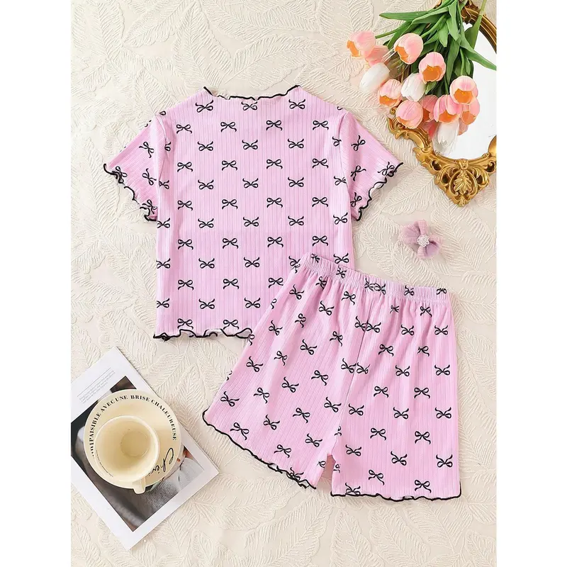 Tween Girl 2pcs Set Cute Butterfly Print Short Sleeve Top And Shorts Pajama Set, Home Wear 1