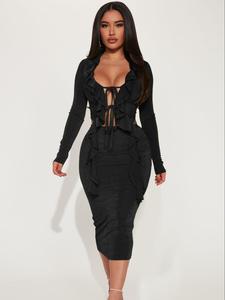 Women's Plain Ruffle Tie Front Crop Top & High Waist Bodycon Skirt Set, Elegant Fashion Casual Two-piece Outfits for Dating Daily Outdoor Wear, Ladies Clothes for Summer