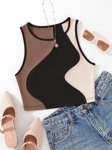 Women's Colorblock Ribbed Crop Aesthetic Tank Top, Summer Clothes, Chic Casual Slim Fit Sleeveless Round Neck Crop Top for Daily Wear, Tops for Women, Ladies Clothes for All Seasons, Crewneck Summer Tops, Womenswear, Cozy Fabric, Everyday