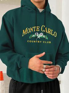 Men's Letter & Tennis Racket Print Drop Shoulder Hoodie, Fashion Casual Loose Drawstring Pocket Hooded Sweatshirt for Daily Holiday Outdoor Wear, Men Clothes for Fall & Winter