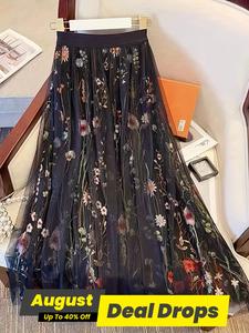 Women's Floral Embroidery Contrast Mesh Tiered Layer Skirt, Elegant A Line Skirt for Party Holiday Wedding Guest, Ladies Bottoms for All Seasons, High Waist Skirt