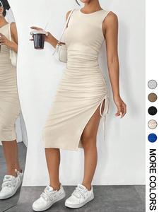 Women's Drawstring Ruched Split Thigh Tank Dress, Solid Sleeveless Round Neck Bodycon Dress, Sundress, Dresses for Women, Ladies Clothes for Summer