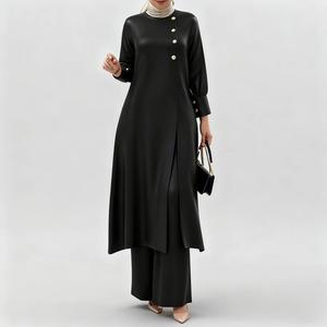 Two-Piece Set for Women Solid Color Button Split Hem Long Top and Elastic Waist Pants Casual Style Bishop Sleeve Keyhole Collar Top Wide-Leg Pants Autumn Winter Women's Daily Outfit Set spotlight  clothes 2  pcs Suits Womenswear Gamis Trouser