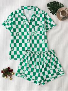 Women's Checkerboard Print Lapel Neck Pajama, Casual Comfy Short Sleeve Button Front Chest Pocket Design Top & Elastic Waist Shorts PJ Set, Ladies Summer Sleepwear