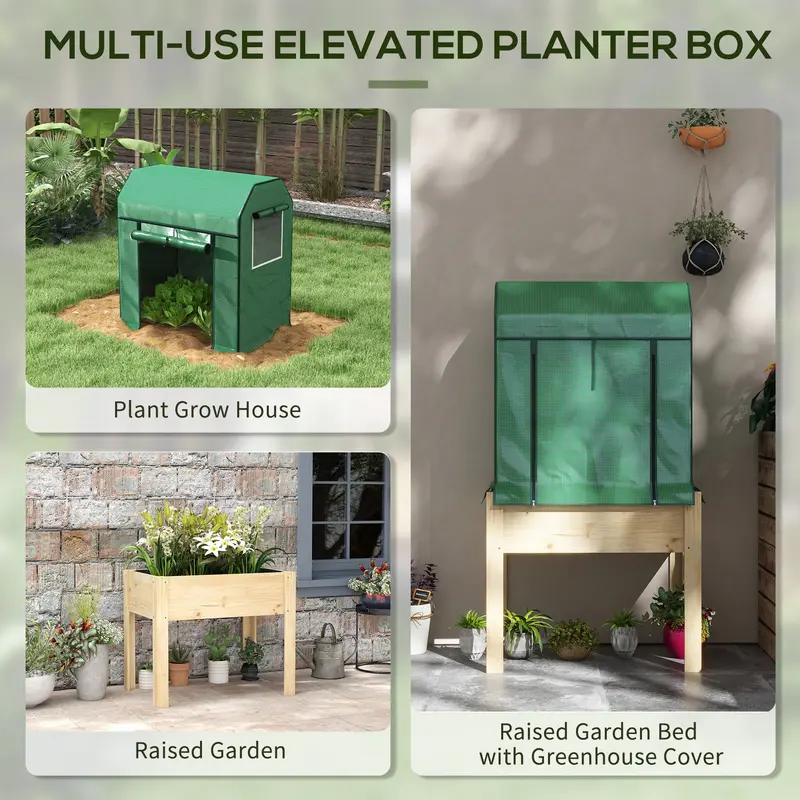 Wooden Planter Box with PE Greenhouse Cover and Bed Liner, Raised Garden Bed for Vegetables, Flowers, Herbs 5