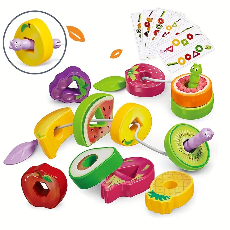 Wooden Animals Caterpillar Eat Fruits String Threading Beads Montessori Toddler Preschool Activities Lacing Toys for Kids 3