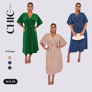ChicHero Glitter Lurex Thick Fabric Wrap Over Dress - Gold Batwing Sleeves V-Neckline A-Line Midi Dress for Christmas Party & New Year Outfits Casual Womenswear Flowy Modest Prom Dress Trending Clothing champagne  gold  dress plus  size  christmas  outfit