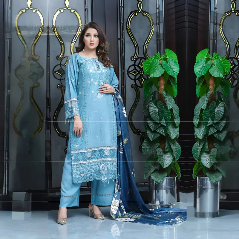 (Jeans Blue) 3 Pc Embroidered Dhanak Dress with wool Shawl | Winter Collection | UB 0