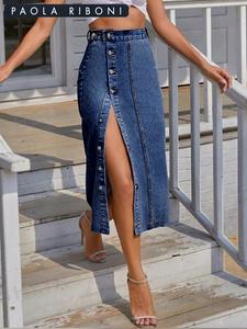 Women's Plain Button Front High Waist Denim Skirt, Fashion Casual A Line Midi Denim Skirt for Daily Outdoor Wear, Ladies Bottoms for All Seasons, Street Fashion Skirt