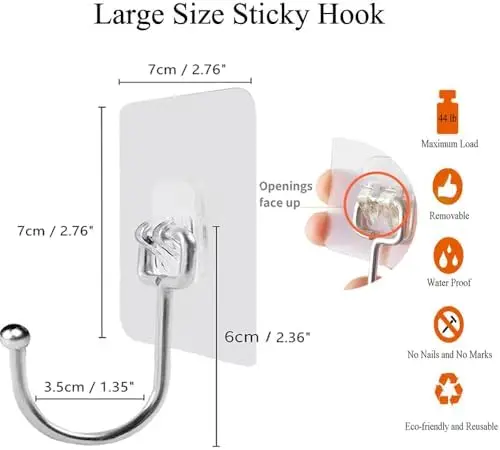 6PCS Self Adhesive Hook, Upgraded 35 lb/ 15kg (Max) Strong Sticky Hooks for Hanging Heavy Duty, Damage Free Large Size Wall Hooks Up, Clear Stick on Hook for Home Bathroom Kitchen and Office 2