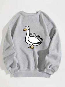 Men's Cartoon Goose & Letter Print Sweatshirt, Casual Loose Round Neck Long Sleeve Pullover, Men's Top, Lazy School Outfit, Size Runs A Little Large, Longsleeves Menswear