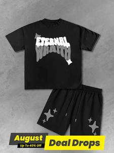 Men's Letter Print Tee & Track Shorts Set, Street Fashion Casual Short Sleeve T-shirt & Shorts, Two-piece Outfits for Daily Wear