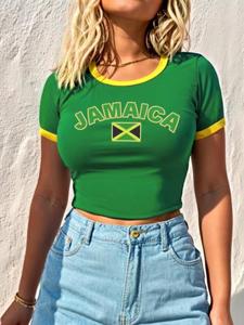 Women's Letter Print Contrast Binding Crop Tee, Casual Short Sleeve Round Neck T-shirt for Summer, Women's Top for Daily Wear