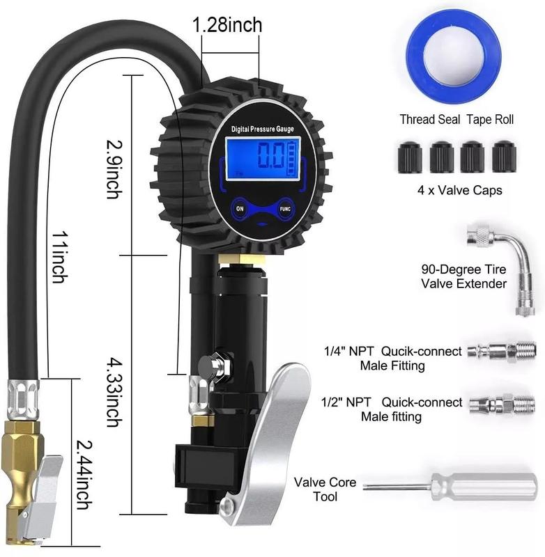 LCD Digital Tyre Inflator Pressure Gauge Air Line Clip on Tyre Pump Compressor 7