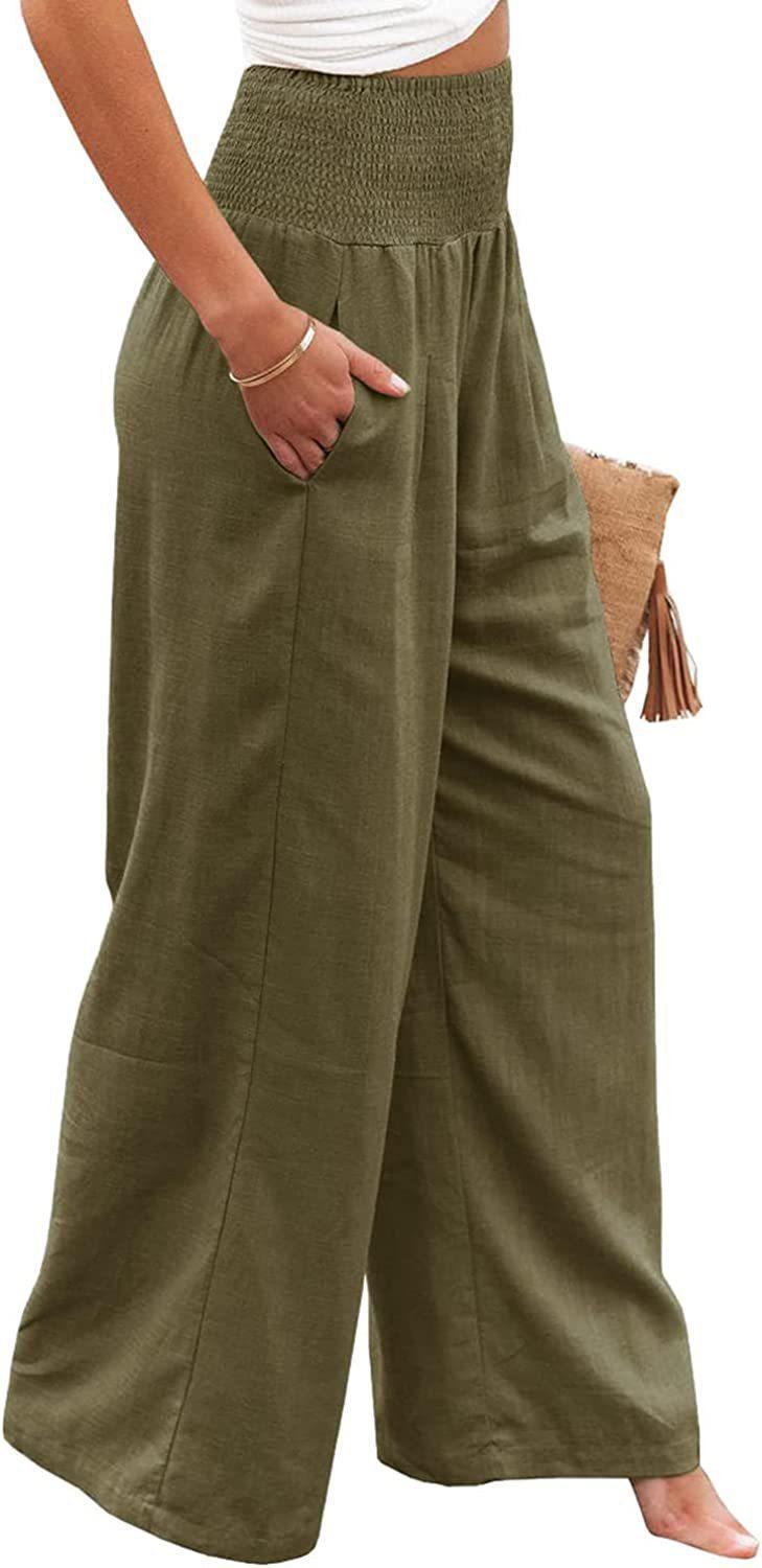Product Introduction of Women's Plain Pocket Shirred Wide Leg Pants, Casual Elastic Waist Trousers for Beach Vacation Holiday, Ladies Bottoms for All Seasons 3