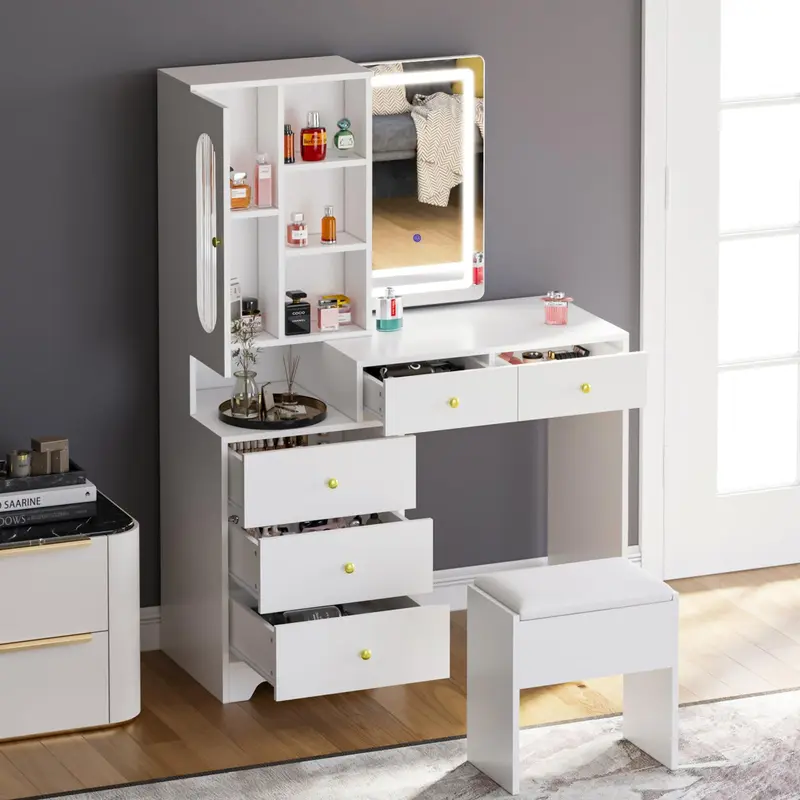 Joolihome Modern Dressing Table Set with Sliding Mirror, 5 Shelves & 5 Drawers, Adjustable 3 colors Light and Soft Stool for Bedroom 2