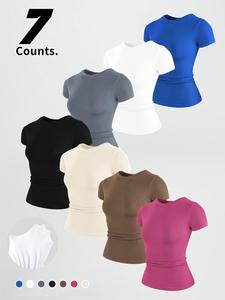 Women's Solid Color Round Neck Sports Tee, High Stretch Sporty Comfortable Breathable Crew Neck Short Sleeve T-shirt for Gym Workout, Ladies Sportswear for Summer