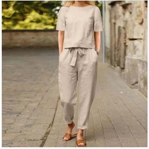 Women's Pullover Shirt And Pants Two-piece Set 2025 Women's Cotton And Linen Summer Suit Short Sleeved O-neck Outfit Pants 7