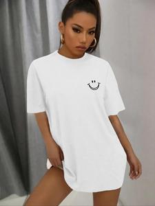 Summer Women's Smile Face Print Round Neck Tee, Summer Clothes Women, Trendy Casual Drop Shoulder Half Sleeve T-Shirt for Daily Wear, Fashion Ladies Summer Top, Womenswear