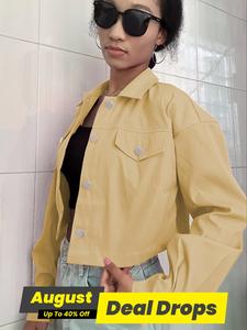 Women's Solid Button Front Drop Shoulder Crop Jacket, Casual Basic Long Sleeve Collared Coat for Fall & Winter, Ladies Clothes for Daily Wear, Khaki