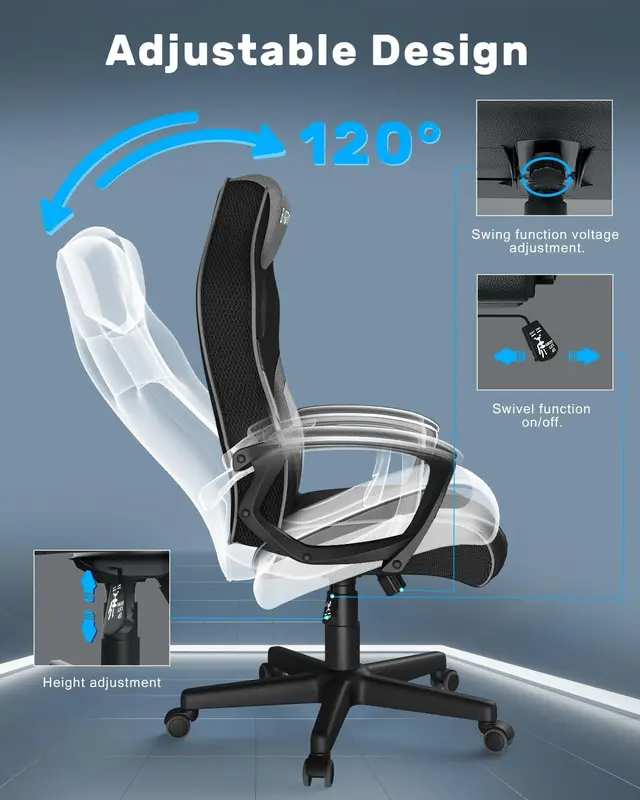 Gaming Chair, Office Desk Computer Chairs, Height Adjustable Reclining Video Game Seat with Headrest and Lumbar Support (Grey) 3