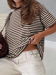 Daily Casual Versatile Simple Striped Round Neck Short Sleeve T-Shirt, Loose-Fitting Summer Top, Women's Basic Tee