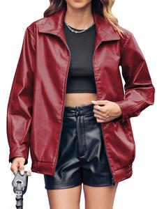 Women's Solid Pocket Zip Up Pu Leather Jacket, Street Fashion Long Sleeve Collared Outerwear for Daily Outdoor Wear, Ladies Clothes for Fall & Winter, Coat
