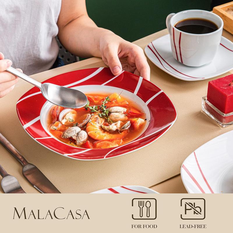 MALACASA Dinnerware Sets, 18/24/30-Piece Porcelain Square Dishes, Gray White with Red Rim, Modern Dish Set for 6 - Plates and Bowls Sets, Ideal for Dessert, Salad, and Pasta - Series FELISA 3