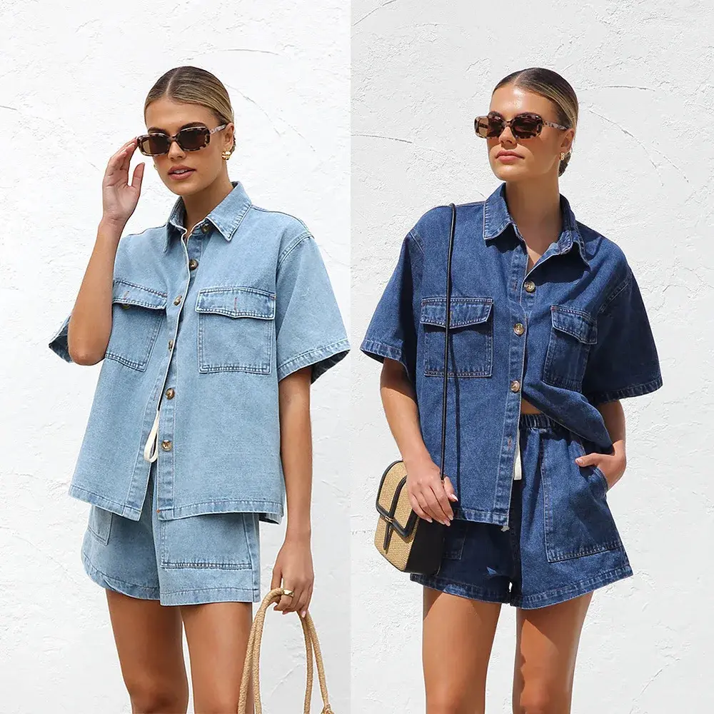 Women 2pcs Clothes Set Denim Short Sleeve Jacket Coat Shirt & High Waist Shorts Pants Jeans Sexy
