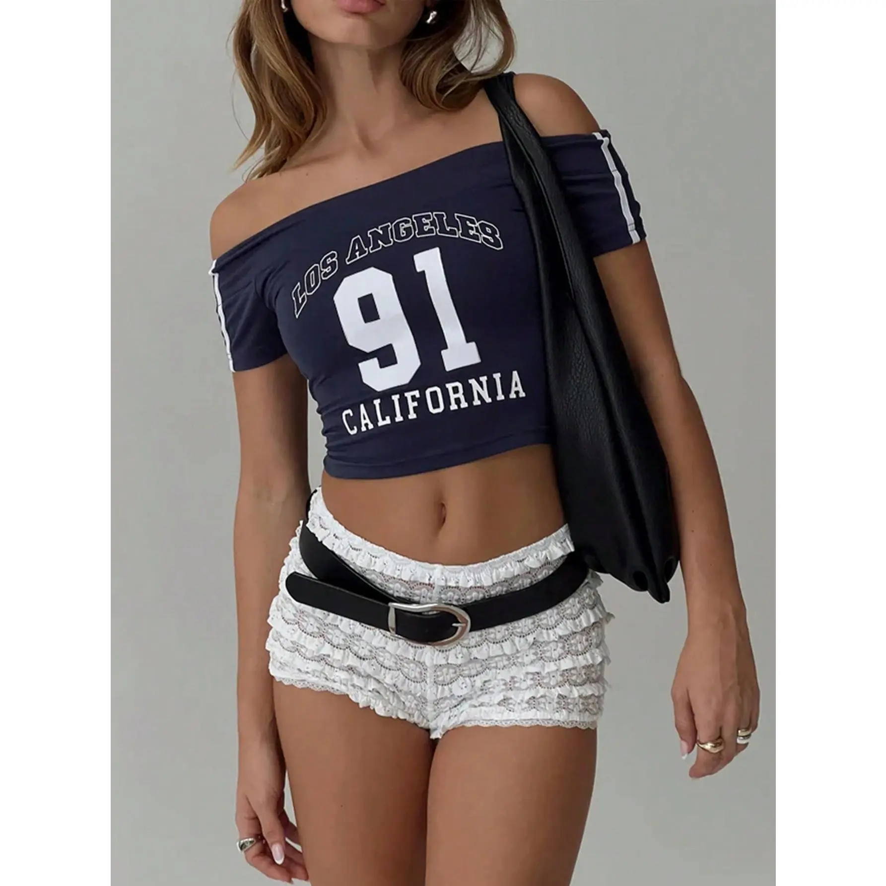 Women's Summer Short Sleeve Off Shoulder Crop Tee With Letter Print, Slim Fit, Graphic Women T-Shirt Graphic Tees Women Tops