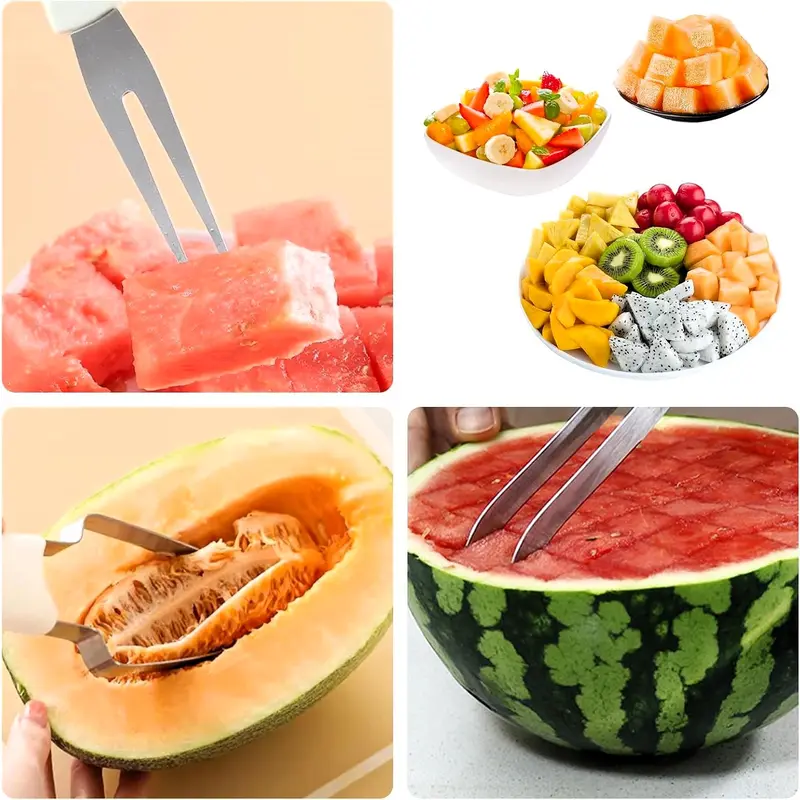 2PCS 3-in-1 Watermelon Fork Slicer Cutter, Stainless Steel Watermelon Cutter Slicer Tool Set, Multifunctional Melon Cutter 4