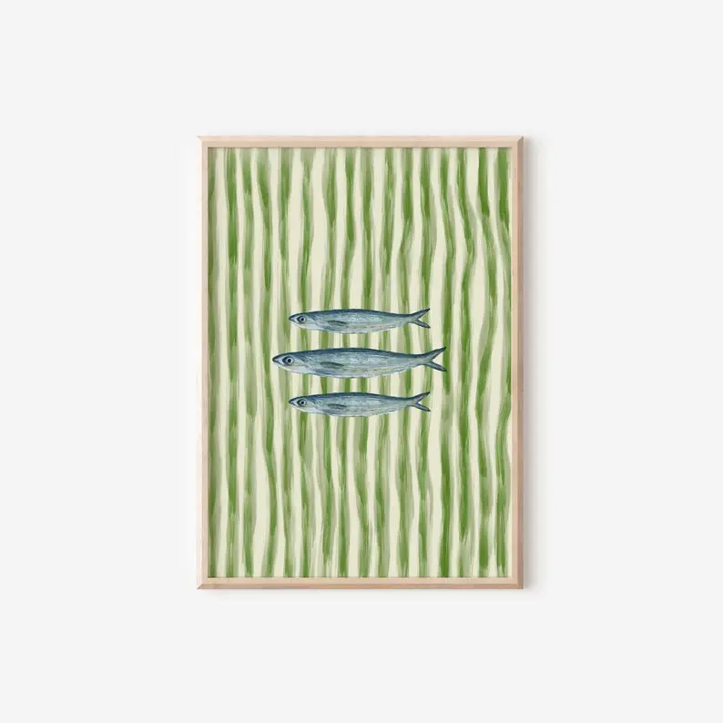 FRAMED Sardines Fish Painted Print Green Stripe Trendy Aesthetic Kitchen Wall Art Retro Modern Food Home Décor 1