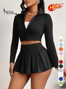 Aliling Casual Women's Two-Piece Set, Spring & Fall Long Sleeve Zipper Crop Top, High Waist Short Pleated Skirt, Slim-Fitting Crop Top and Skirt