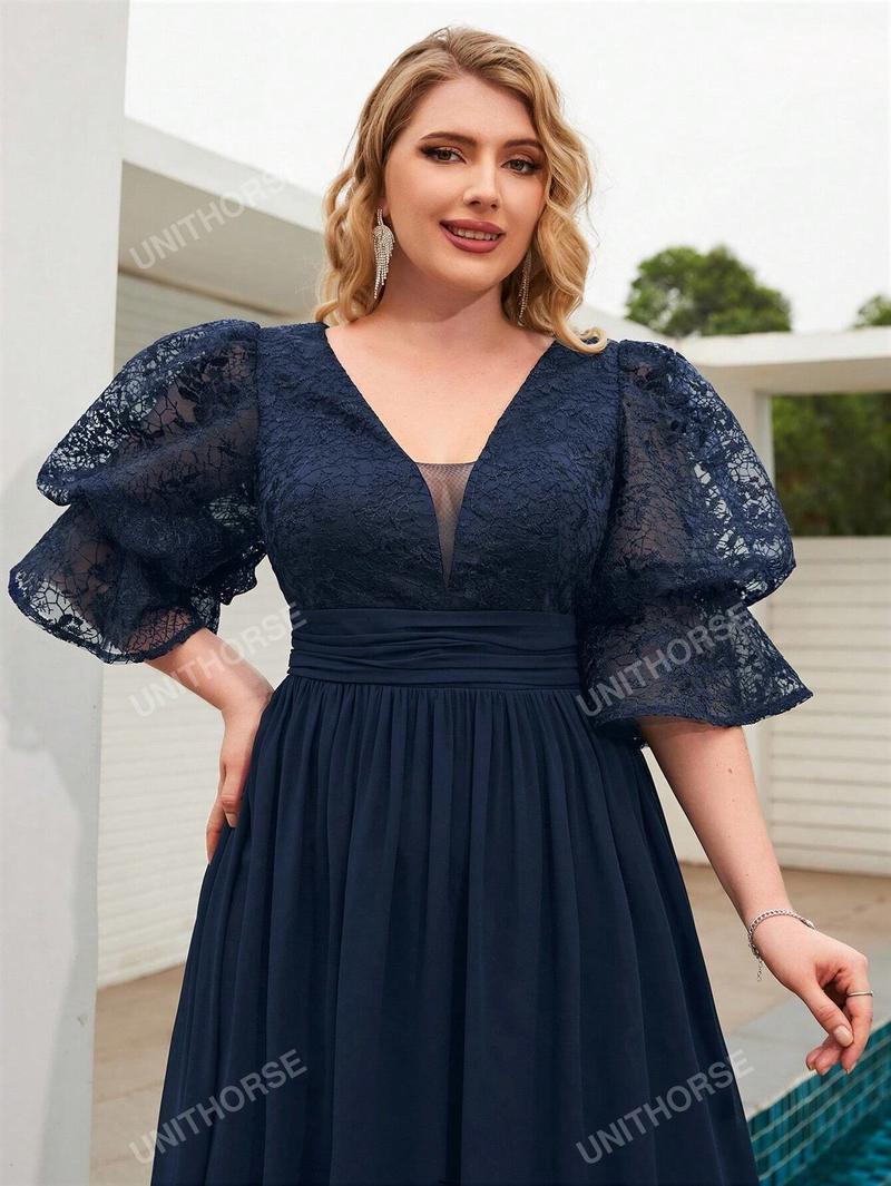 Product Introduction of Gown Floral Waist Lantern Neck V - Sleeve Pleated Embroidery Chiffon Spliced Ball Dress 33