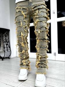 Men's Ripped Raw Hem Jeans, Casual Comfy Slim-fitting Denim Pants for Daily Wear, Fashion Men's Bottoms for All Seasons, Ripped Patch Jeans, Cotton, Ripped Pocket Jeans, Classic Jeans