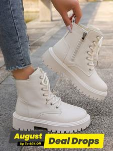 Women's Fashion Solid Color Lace Up Platform Boots, Casual Boots for Women, Comfortable Walking Shoes for Girl, Round Toe Boots for Daily Wear, Female All-match Trend Shoes for Fall & Winter Cute Winter Outfits