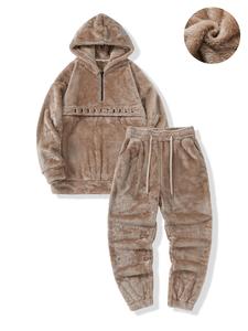 Two-Piece Set Men's Letter Embroidery Fuzzy Half Zip Hoodie & Drawstring Waist Pants Set, Loose Casual Long Sleeve Hooded Sweatshirt & Pocket Trousers, Men's Fall & Winter Clothes