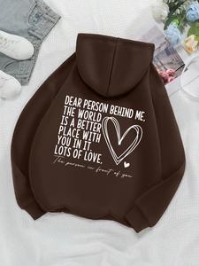 Unisex Letter & Heart Print Drop Shoulder Hoodie, Fashion Casual Drawstring Pocket Hooded Sweatshirt for Daily Holiday Outdoor Wear, Women's Clothes for Fall & Winter