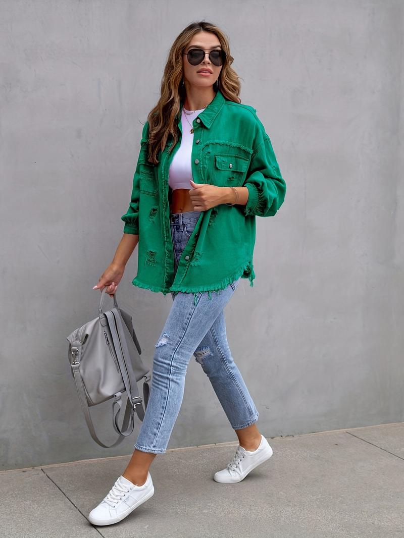 Product Introduction of 2025 New Denim Jacket Women's Solid Color Loose Jacket Ripped Long Sleeve Women's Denim Shirt Hot Selling 2
