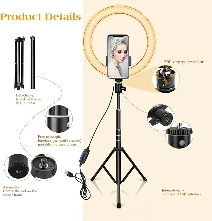 10" Ring Light with Tall Tripod Stand & Phone Holder for YouTube Video, Dimmable Led Ring Light with Remote for Camera, Video, Makeup, Selfie Photography Compatible with Smartphone Cellphone 3