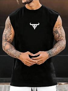 【Plus Size】 Men's Cartoon Bull Head Print Tank Top, Regular Fit Casual Sleeveless Round Neck Top for Summer, Men's Plus Size Clothes for Daily Wear, Vests