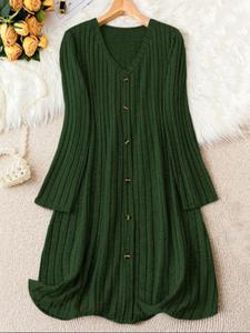 【Plus Size】 Solid Button V Neck Ribbed Dress, Casual Long Sleeve Dress for Fall & Winter, Women's Clothes for Daily Wear