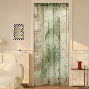 Sun & Moon Pattern Door Curtain, Lace Embroidered Door Curtain, Home Decor for Living Room Bedroom Kitchen, Room Divider Curtain