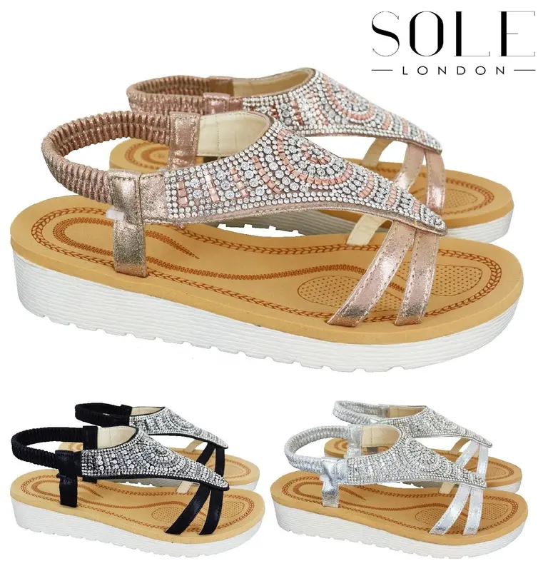 Ladies Summer Diamante Flat Low Heel Wedge Sandals - Women's Footwear - Girl 0