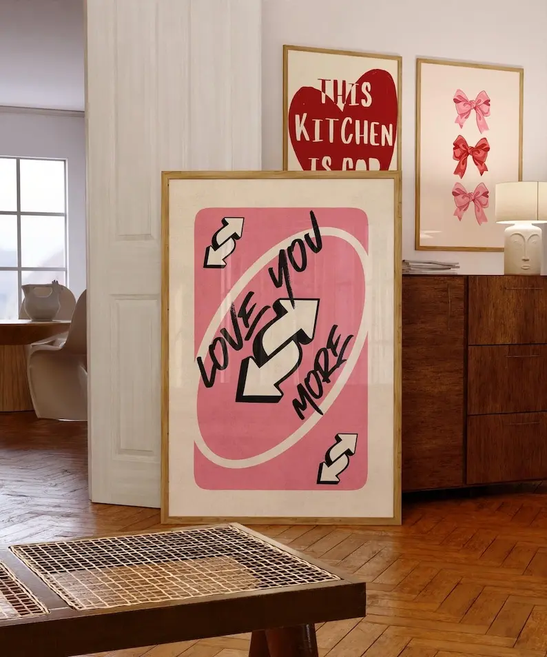 Love You More Print, Pink Retro Wall Art Printable, Playing Card Wall Art, Valentines Day Preppy Wall Decor, Trendy Wall Art